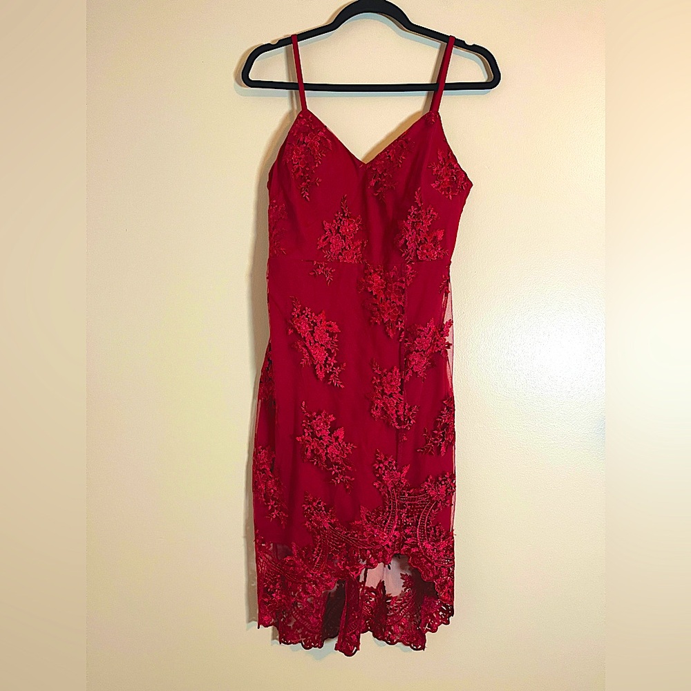 Guess Dress Womens 4 Red Floral Lace Coquette Embroidered Renaissance Mesh Midi